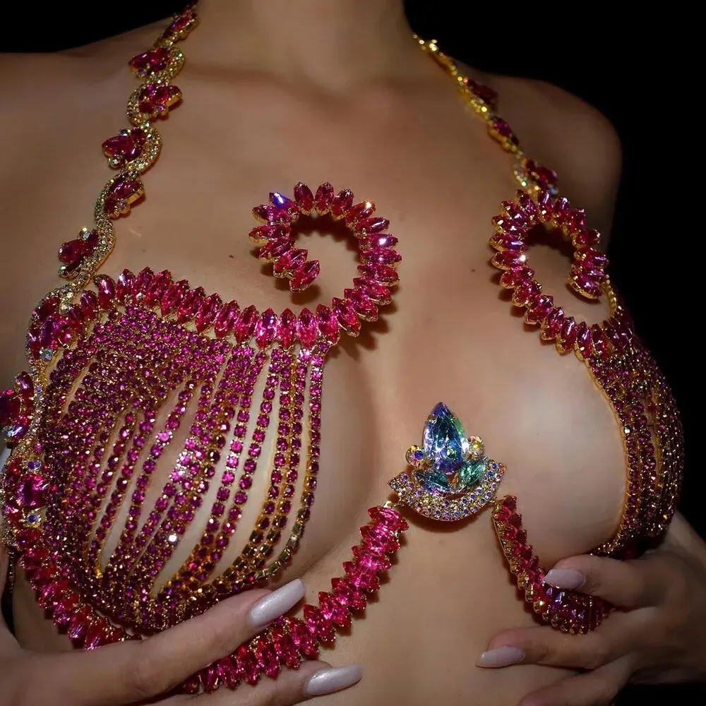 Body Jewelry Top - Rave Pink Crystal Chest Bracket Sexy