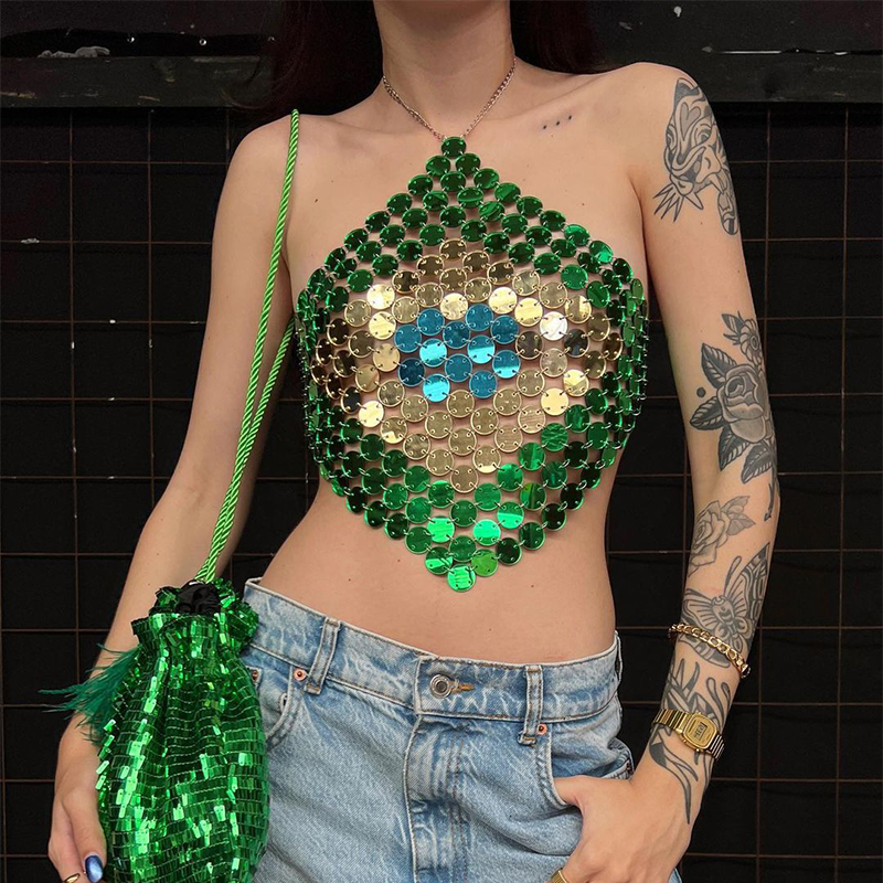 Body Jewelry Top - Women Brazil Flag Green Sequin Chainmail