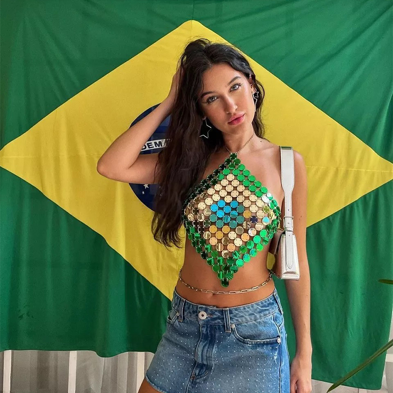 Women Brazil Flag Green Sequin - Body Jewelry Top บทวิจารณ์และราคา